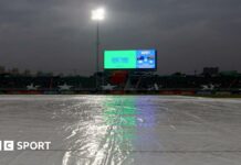 A general view of the covers on the pitch during the Australia-South Africa game at the Champions Trophy in Rawalpindi