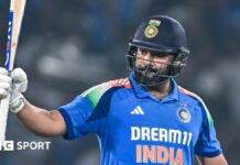 India captain Rohit Sharma raises his bat after reaching a century