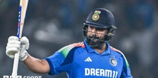 India captain Rohit Sharma raises his bat after reaching a century