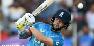 Ben Duckett plays a shot during the third ODI in India