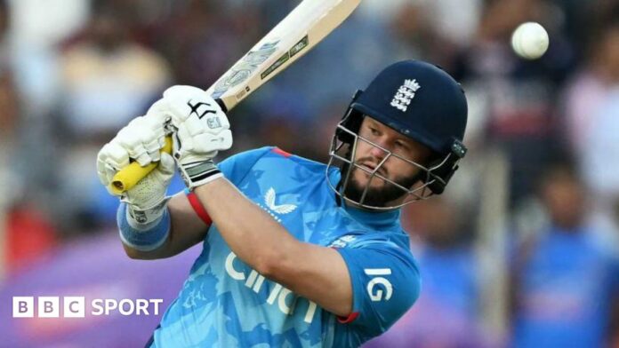 Ben Duckett plays a shot during the third ODI in India