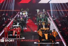 All the 2025 F1 drivers line up alongside the liveries of their cars at the F1 75 launch event at the O2 Arena