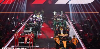 All the 2025 F1 drivers line up alongside the liveries of their cars at the F1 75 launch event at the O2 Arena