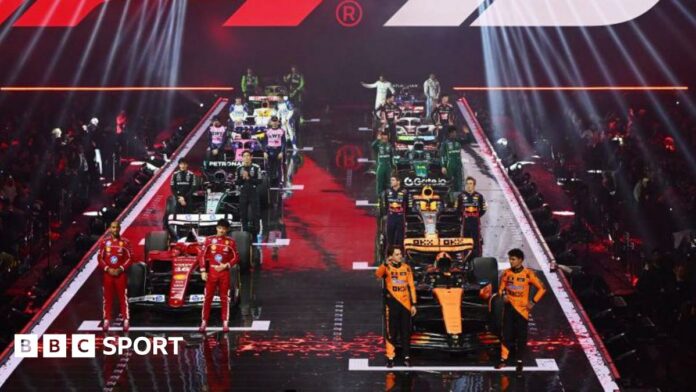 All the 2025 F1 drivers line up alongside the liveries of their cars at the F1 75 launch event at the O2 Arena