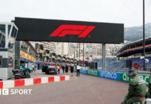 F1 logo above the pit lane at the Monaco Grand Prix