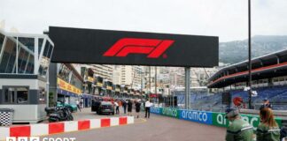 F1 logo above the pit lane at the Monaco Grand Prix