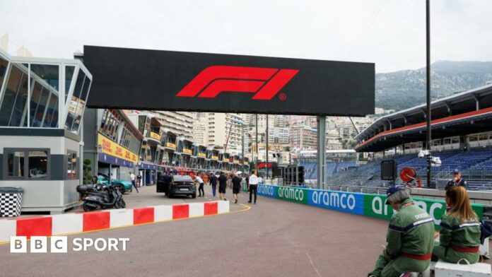 F1 logo above the pit lane at the Monaco Grand Prix