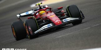 Lewis Hamilton drives the Ferrari in pre-season testing in Bahrain