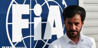 Mohammed Ben Sulayem stands in front of an FIA sign 