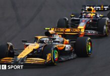 McLaren's Lando Norris ahead of Red Bull's Max Verstappen in 2024