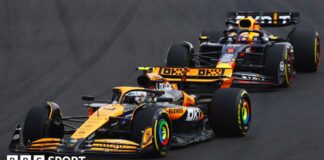 McLaren's Lando Norris ahead of Red Bull's Max Verstappen in 2024