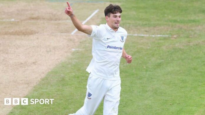 Henry Crocombe celebrates taking a wicket for Sussex