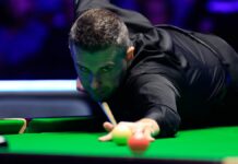 Mark Selby of England plays a shot in the Final match against Stephen Maguire of Scotland on day seven of BetVictor Welsh Open 2025.