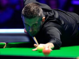 Mark Selby of England plays a shot in the Final match against Stephen Maguire of Scotland on day seven of BetVictor Welsh Open 2025.