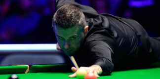 Mark Selby of England plays a shot in the Final match against Stephen Maguire of Scotland on day seven of BetVictor Welsh Open 2025.