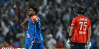 India's Harshit Rana celebrates the wicket of England's Jamie Overton in the fourth T20 in Pune