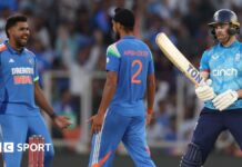 Phil Salt of England shows his frustration after being dismissed by Arshdeep Singh (c) of India during the 3rd ODI match between India and England at Narendra Modi Stadium