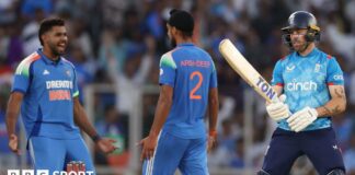 Phil Salt of England shows his frustration after being dismissed by Arshdeep Singh (c) of India during the 3rd ODI match between India and England at Narendra Modi Stadium