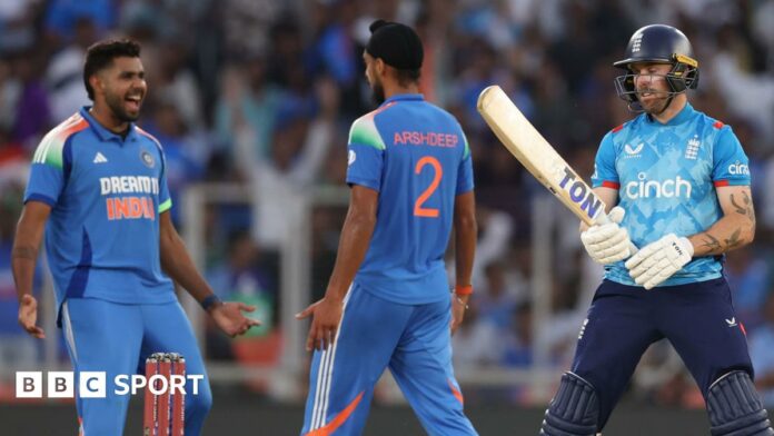 Phil Salt of England shows his frustration after being dismissed by Arshdeep Singh (c) of India during the 3rd ODI match between India and England at Narendra Modi Stadium