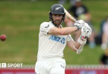 Kane Williamson bats for New Zealand during a Test match against England