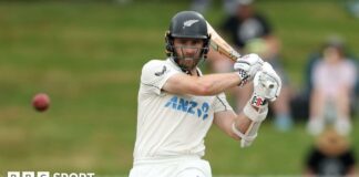 Kane Williamson bats for New Zealand during a Test match against England