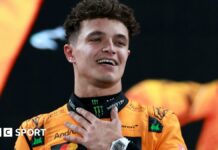 Lando Norris holds his left hand to his chest while celebrating victory in the 2024 Abu Dhabi Grand Prix