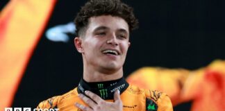 Lando Norris holds his left hand to his chest while celebrating victory in the 2024 Abu Dhabi Grand Prix