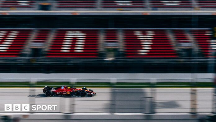 Lewis Hamilton in a 2023 Ferrari at the Circuit de Barcelona-Catalunya