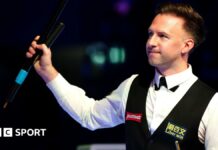 Judd Trump celebrates his quarter-final win at the Masters