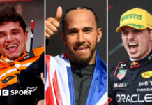 A split image of Lando Norris, Lewis Hamiton and Max Verstappen all celebrating