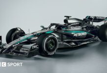 A computer-generated image of the the Mercedes W16 F1 car