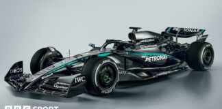 A computer-generated image of the the Mercedes W16 F1 car