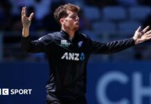 New Zealand's Mitchell Santner holds his arms out wide after bowling