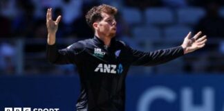 New Zealand's Mitchell Santner holds his arms out wide after bowling