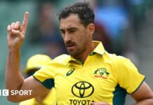 Australia's Mitchell Starc celebrates a wicket