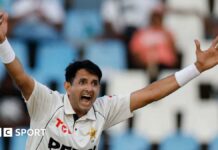 Mohammad Abbas appeals for a wicket while playing a Test match for Pakistan