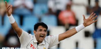 Mohammad Abbas appeals for a wicket while playing a Test match for Pakistan