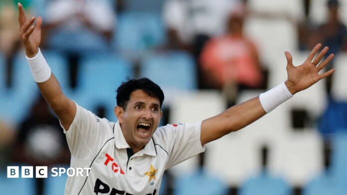 Mohammad Abbas appeals for a wicket while playing a Test match for Pakistan