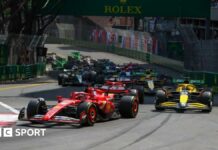 Charles Leclerc of Ferrari leads the field at the first corner of the 2024 Monaco Grand Prix