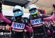 Pierre Gasly and Esteban Ocon celebrate their podium places in Brazil 