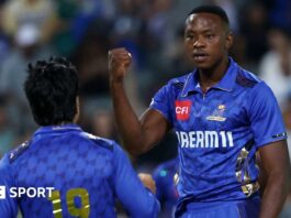 MI Cape Town's Kagiso Rabada celebrates a wicket with Rashid Khan