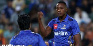 MI Cape Town's Kagiso Rabada celebrates a wicket with Rashid Khan