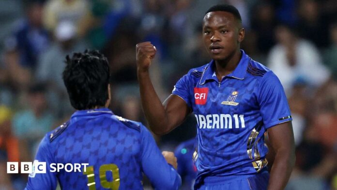 MI Cape Town's Kagiso Rabada celebrates a wicket with Rashid Khan