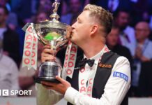 Kyren Wilson kisses the World Championship trophy