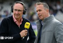 BBC chief cricket commentator Jonathan Agnew (left) speaks to former England captain Michael Vaughan (right)