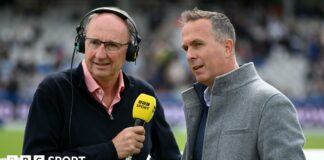 BBC chief cricket commentator Jonathan Agnew (left) speaks to former England captain Michael Vaughan (right)