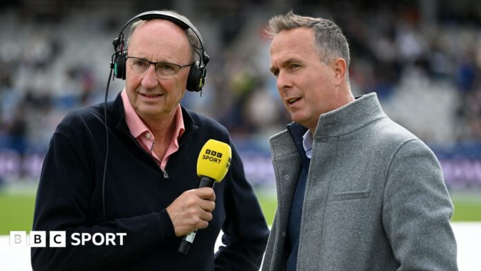 BBC chief cricket commentator Jonathan Agnew (left) speaks to former England captain Michael Vaughan (right)