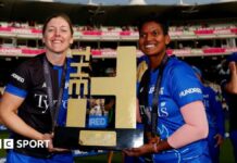 Heather Knight and Deepti Sharma with the women's Hundred trophy