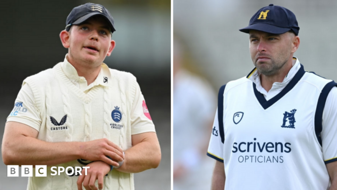 Warwickshire's winter signing from Middlesex, paceman Ethan Bamber (left) and left-arm wrist spinner Jake Lintott