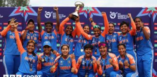 India players celebrate with the trophy after winning the 2025 Women's Under-19 T20 World Cup, beating South Africa in the final in Kuala Lumpur